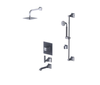 Rubinet T24MQL Temperature Control Tub Shower With Three Way Diverter ShutOff, Hand Held Shower, Bar, Integral Supply Wall Mount Tub Filler Spout Fixed Shower