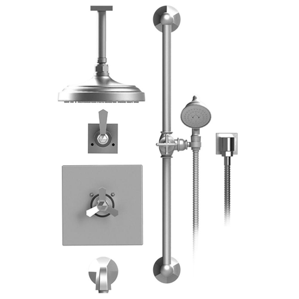 Rubinet T25HXL Temperature Control Tub Shower With Three Way Diverter ShutOff, Hand Held Shower, Bar, Integral Supply, Wall Mount Tub Filler Spout Shower Head