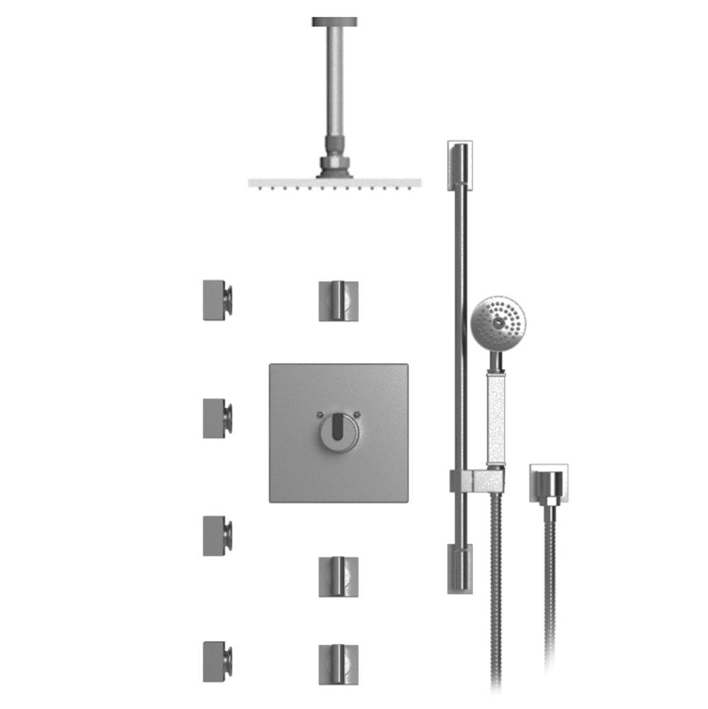 Rubinet T47RTQ Temperature Control Shower With Three Seperate Volume Controls, Fixed Shower Head, Bar, Integral Supply, Hand Held Shower Four Body Spray, 8 Ceiling Mount