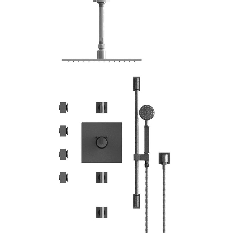 Rubinet T48RTQ Temperature Control Shower With Three Seperate Volume Controls, Fixed Shower Head, Bar, Integral Supply, Hand Held Shower Four Body Spray, 14 Ceiling Mount