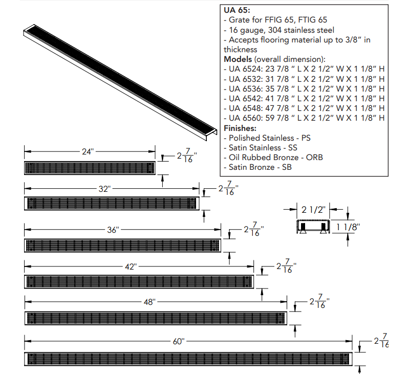 Infinity Drain UA 6560 60" UA 65 Grate 1" High - Parent