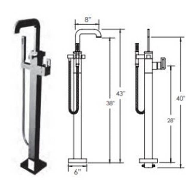 Vissoni V7054SL-TM Floor Mount Tub Filler w/Single Function Hand Shower and Hose - Uses P0800 valve