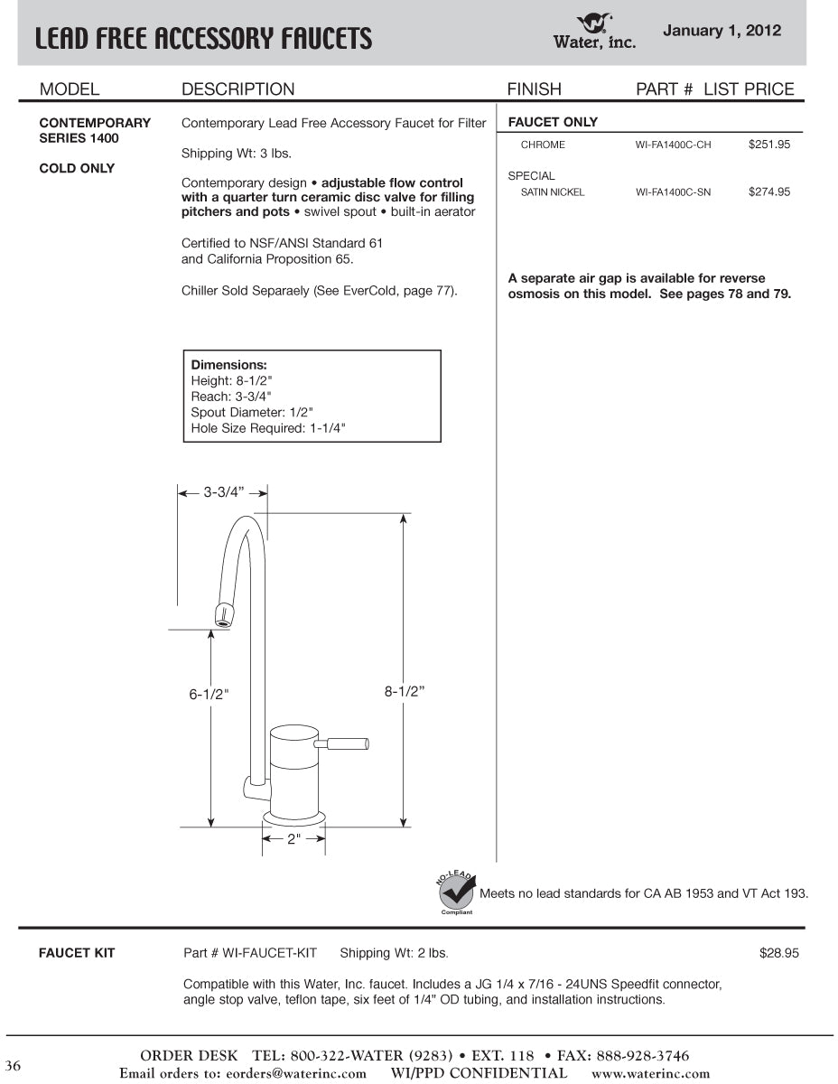 Water Inc WI-FA1400C Contemporary Lead Free Cold Only Accessory Faucet Only for Filter - Parent
