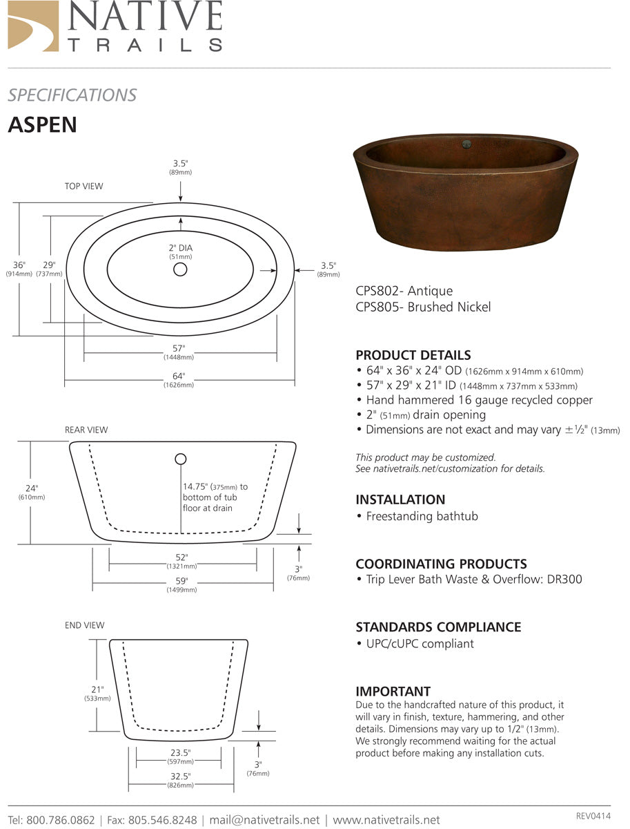 Native Trails CPS802 Aspen Copper Bath Tub Antique