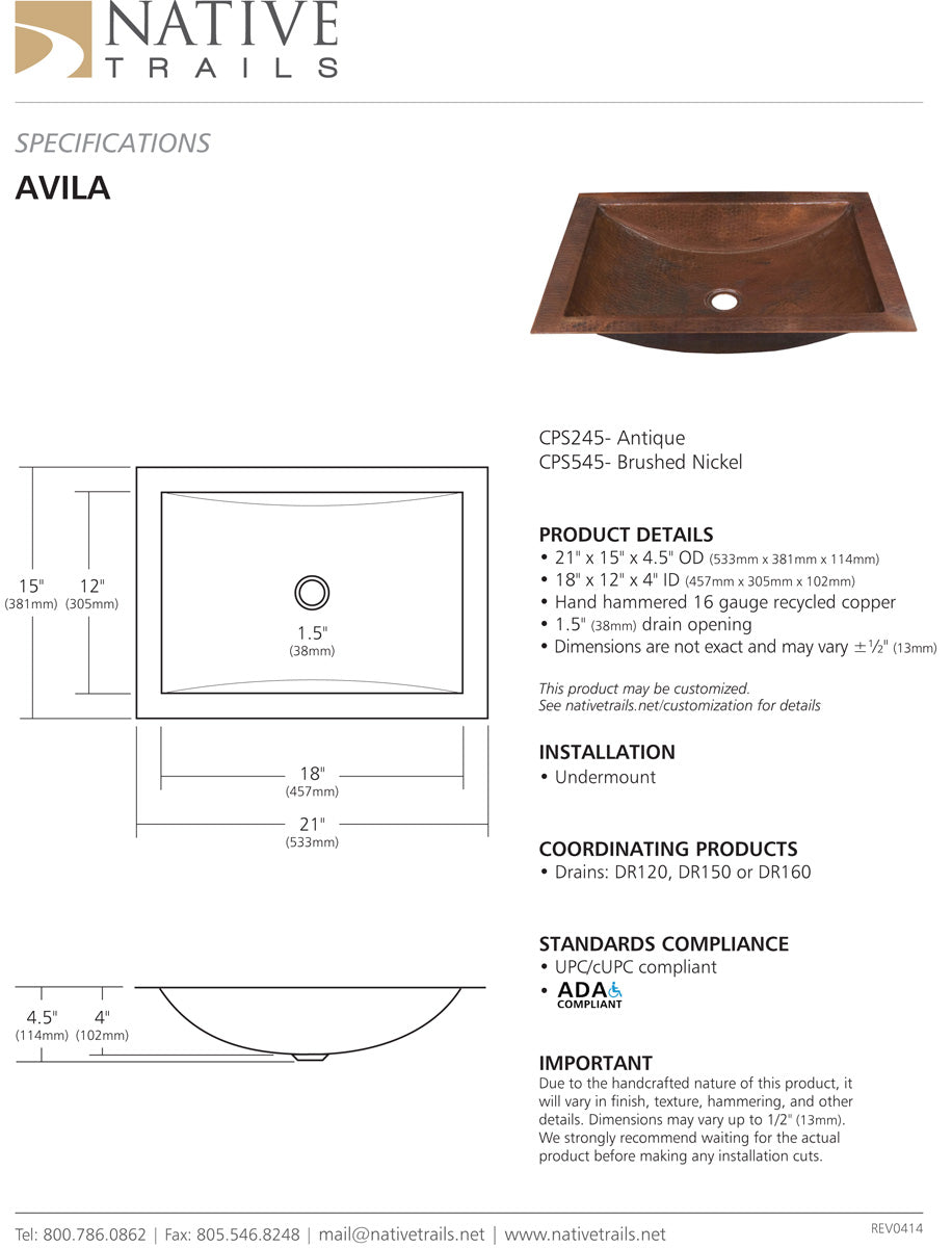 Native Trails CPS Avila Copper Bath Sink - Parent