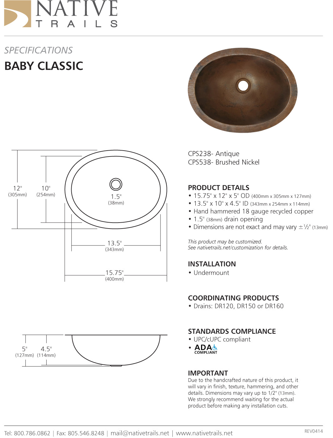 Native Trails CPS Baby Classic Copper Bath Sink - Parent