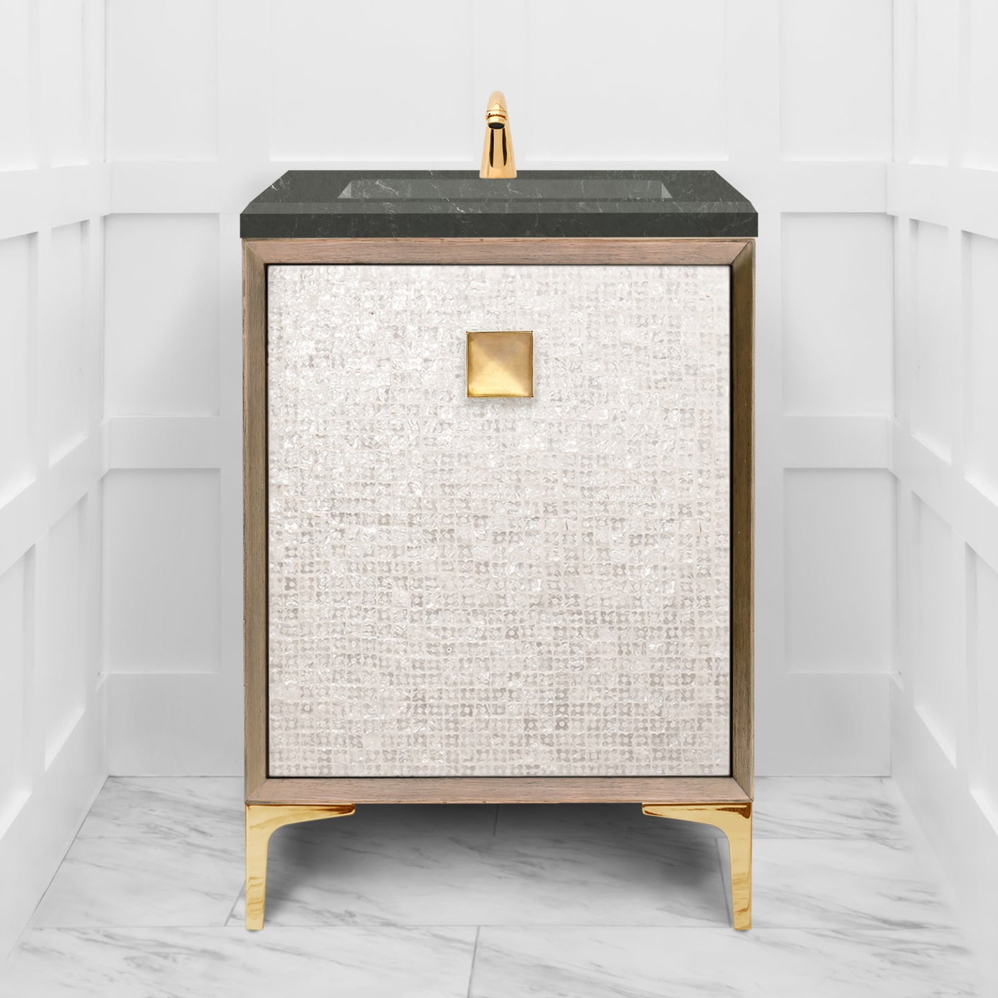 Linkasink VAN24A1-015 Mother Of Pearl With 3" Artisan Glass Prism Hardware 24" Wide Vanity, 24" X 22" X 33.5" (Without Vanity Top) - Parent