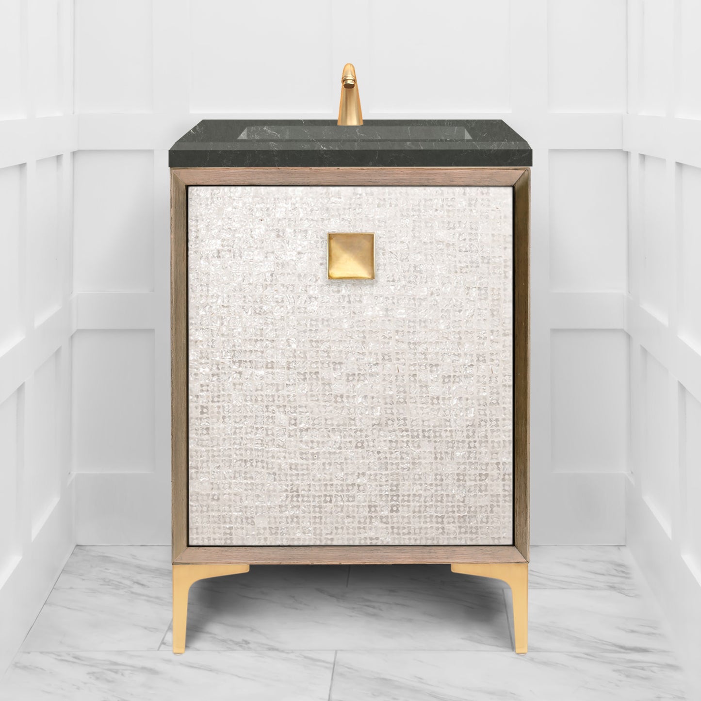 Linkasink VAN24A1-015 Mother Of Pearl With 3" Artisan Glass Prism Hardware 24" Wide Vanity, 24" X 22" X 33.5" (Without Vanity Top)
