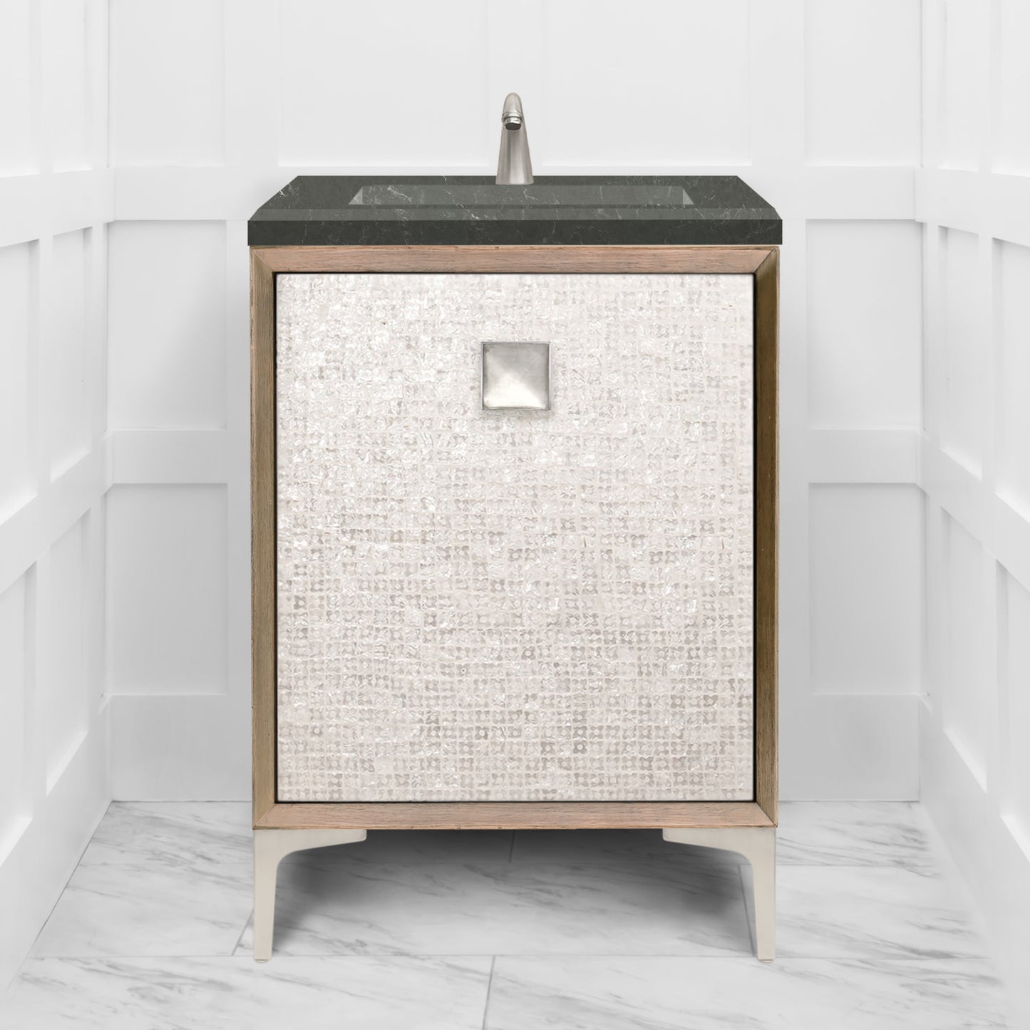 Linkasink VAN24A1-015 Mother Of Pearl With 3" Artisan Glass Prism Hardware 24" Wide Vanity, 24" X 22" X 33.5" (Without Vanity Top)