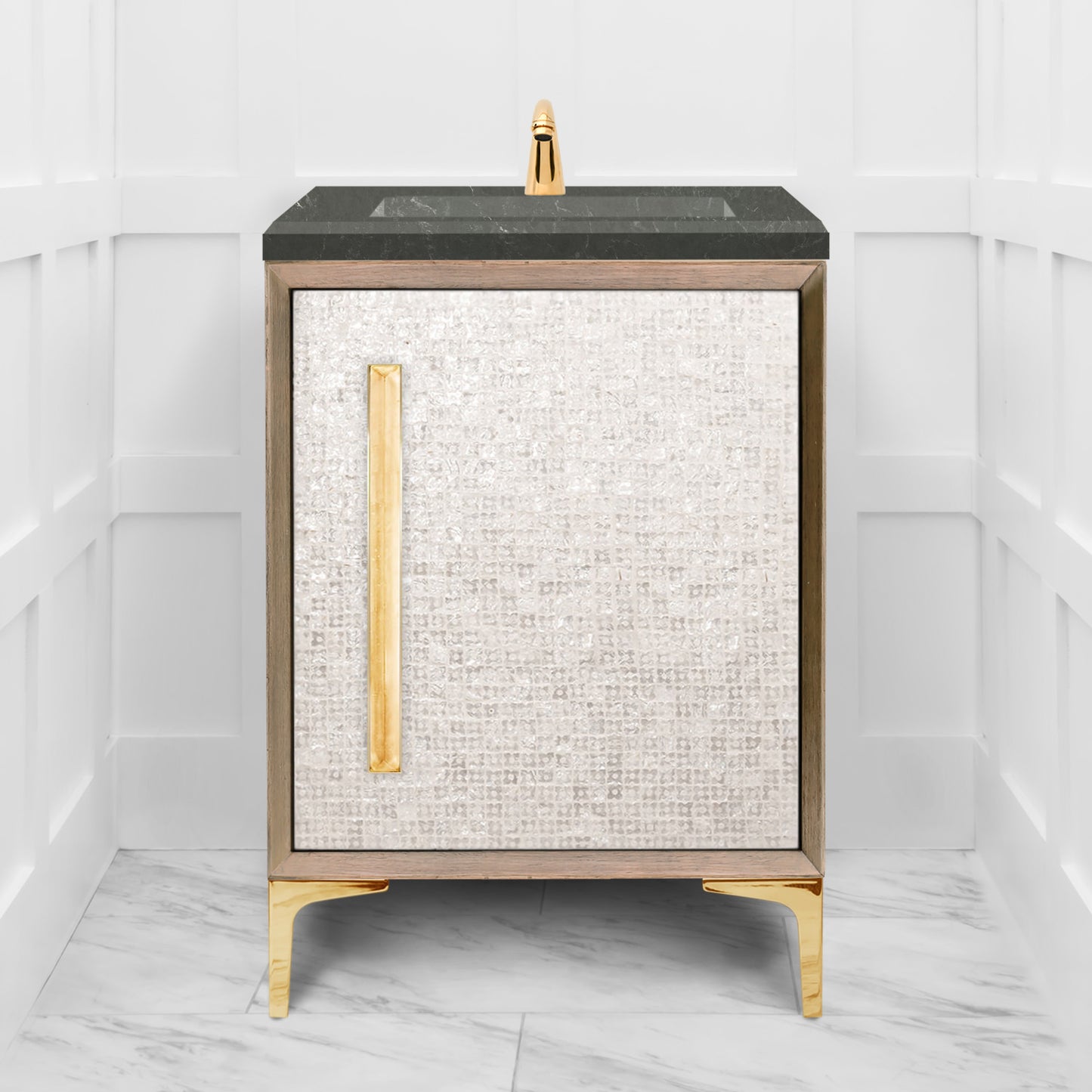 Linkasink VAN24A1-017 Mother Of Pearl With 18" Artisan Glass Prism Hardware 24" Wide Vanity, 24" X 22" X 33.5" (Without Vanity Top) - Parent