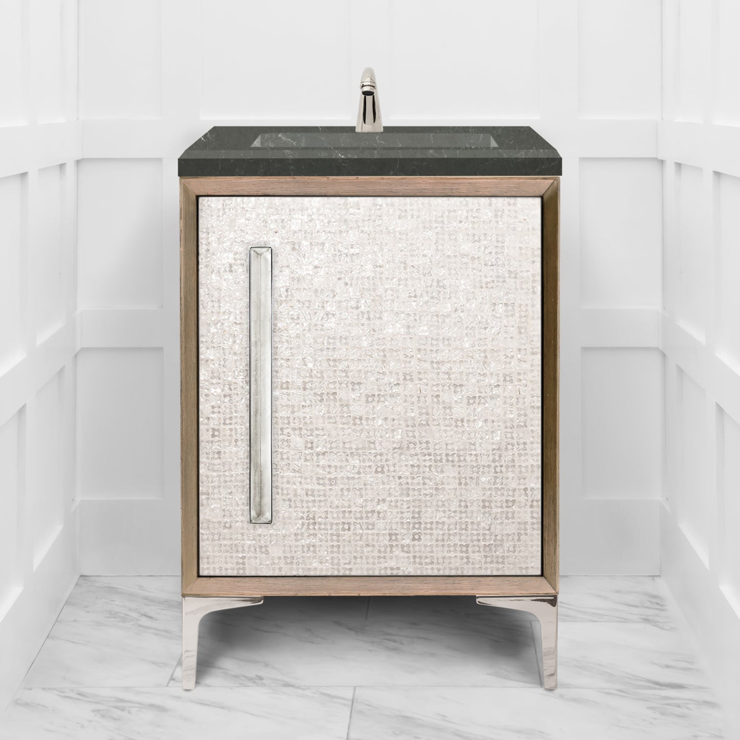 Linkasink VAN24A1-017 Mother Of Pearl With 18" Artisan Glass Prism Hardware 24" Wide Vanity, 24" X 22" X 33.5" (Without Vanity Top)