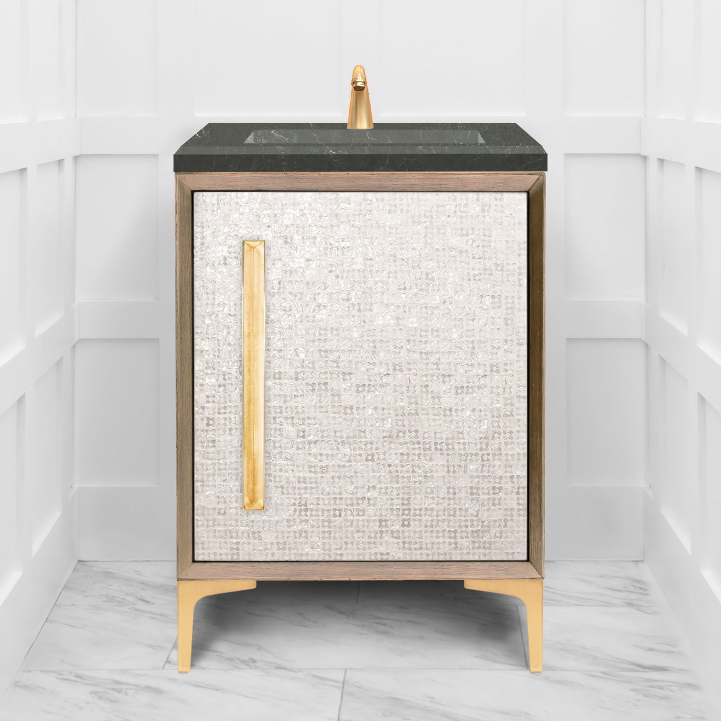 Linkasink VAN24A1-017 Mother Of Pearl With 18" Artisan Glass Prism Hardware 24" Wide Vanity, 24" X 22" X 33.5" (Without Vanity Top)