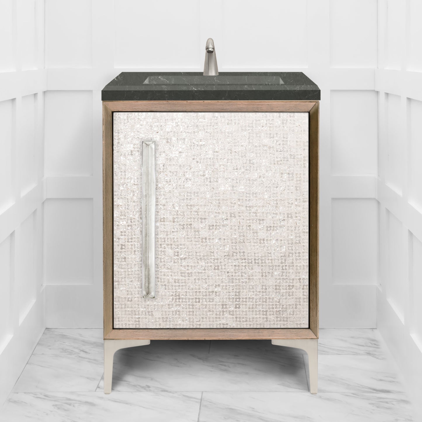 Linkasink VAN24A1-017 Mother Of Pearl With 18" Artisan Glass Prism Hardware 24" Wide Vanity, 24" X 22" X 33.5" (Without Vanity Top)