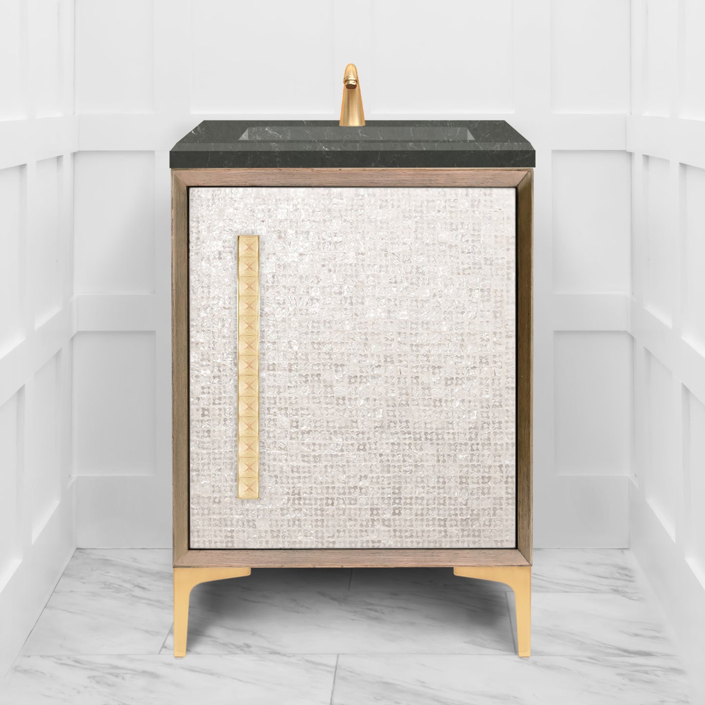 Linkasink VAN24A1-018 Mother Of Pearl With 18" Artisan Glass Pyramid Hardware 24" Wide Vanity, 24" X 22" X 33.5" (Without Vanity Top)