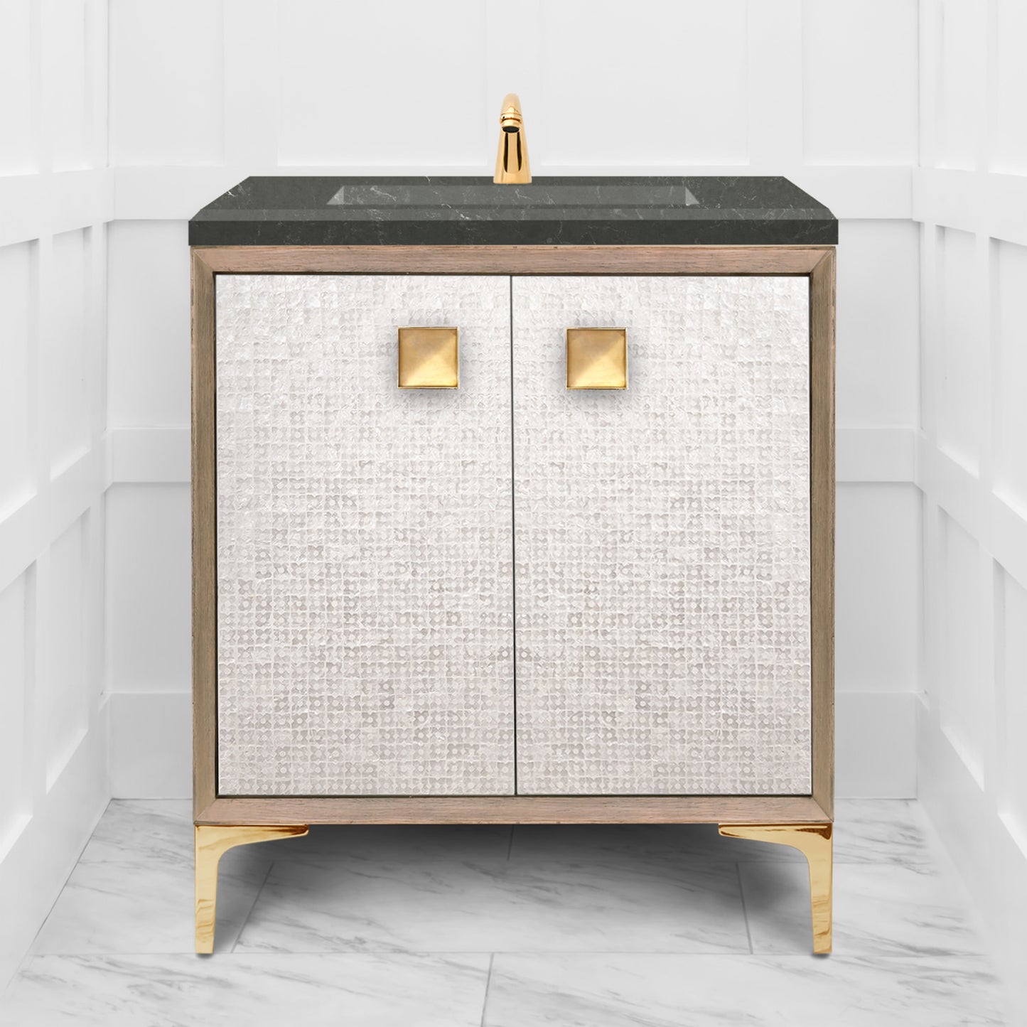 Linkasink VAN30A1-015 Mother Of Pearl With 3" Artisan Glass Prism Hardware 30" Wide Vanity, 30" X 22" X 33.5" (Without Vanity Top) - Parent