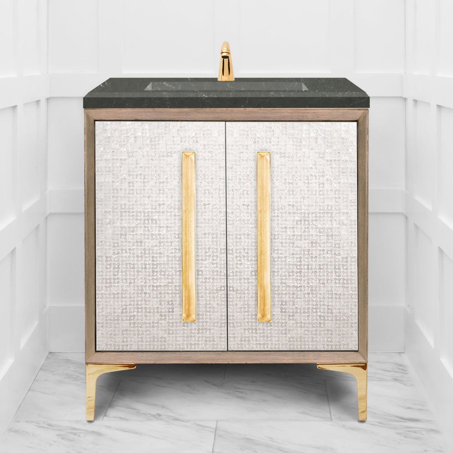 Linkasink VAN30A1-017 Mother Of Pearl With 18" Artisan Glass Prism Hardware 30" Wide Vanity, 30" X 22" X 33.5" (Without Vanity Top) - Parent