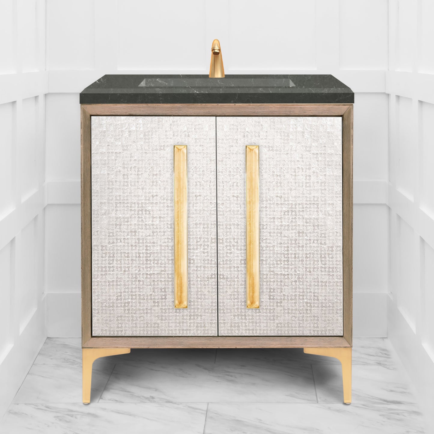 Linkasink VAN30A1-017 Mother Of Pearl With 18" Artisan Glass Prism Hardware 30" Wide Vanity, 30" X 22" X 33.5" (Without Vanity Top)