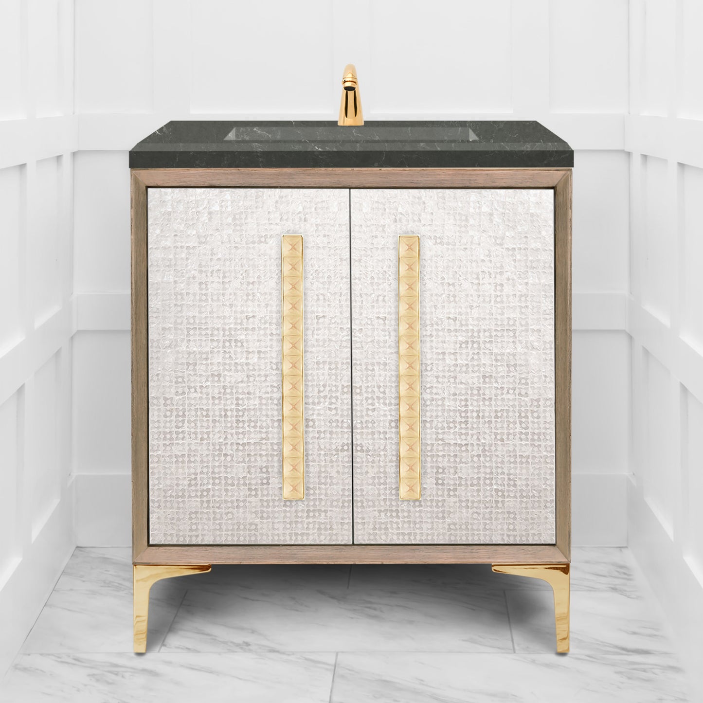 Linkasink VAN30A1-018 Mother Of Pearl With 18" Artisan Glass Pyramid Hardware 30" Wide Vanity, 30" X 22" X 33.5" (Without Vanity Top) - Parent