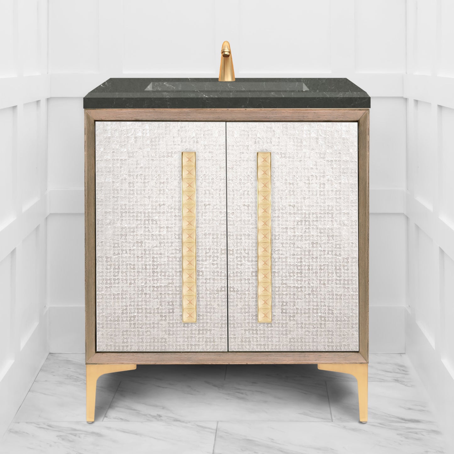 Linkasink VAN30A1-018 Mother Of Pearl With 18" Artisan Glass Pyramid Hardware 30" Wide Vanity, 30" X 22" X 33.5" (Without Vanity Top)