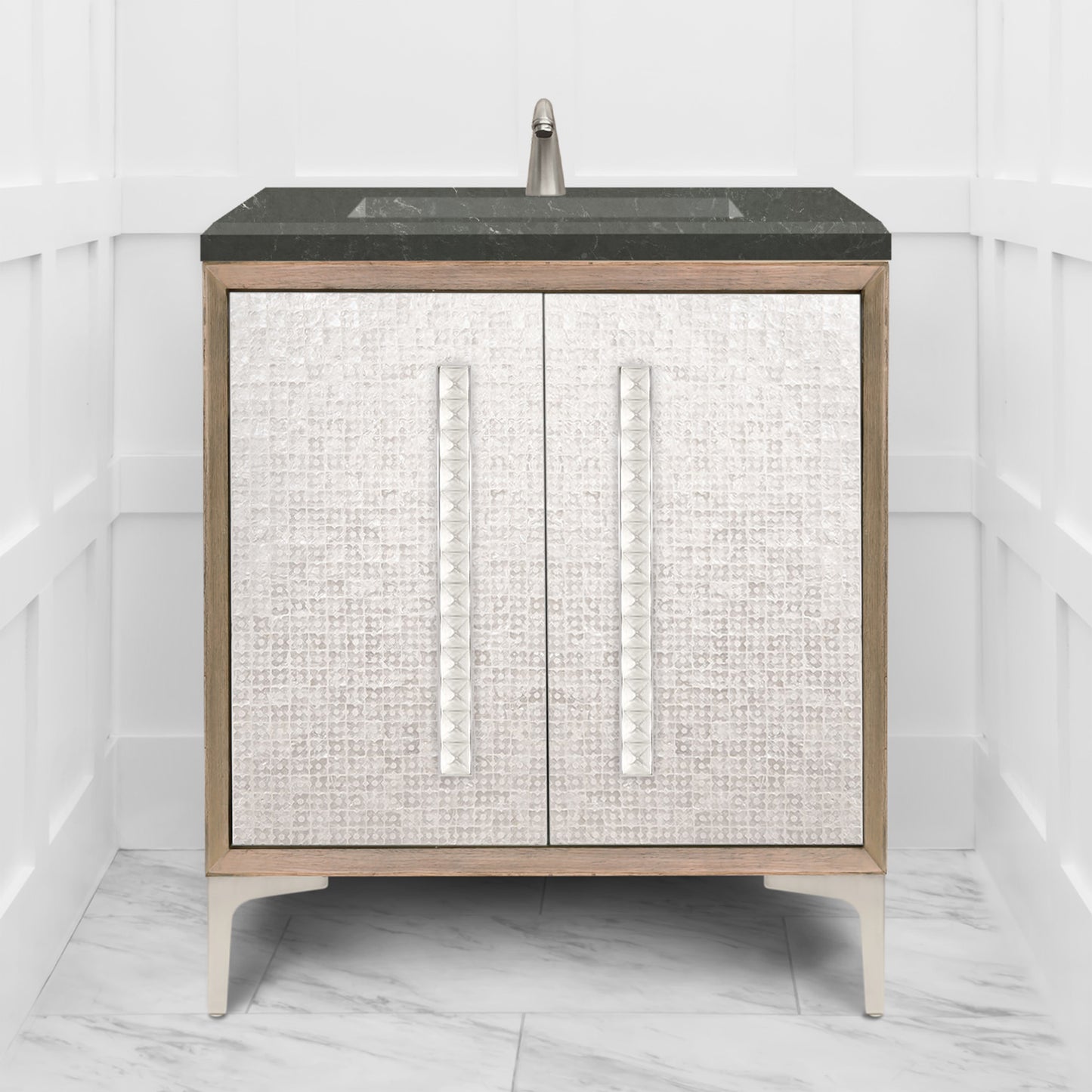 Linkasink VAN30A1-018 Mother Of Pearl With 18" Artisan Glass Pyramid Hardware 30" Wide Vanity, 30" X 22" X 33.5" (Without Vanity Top)