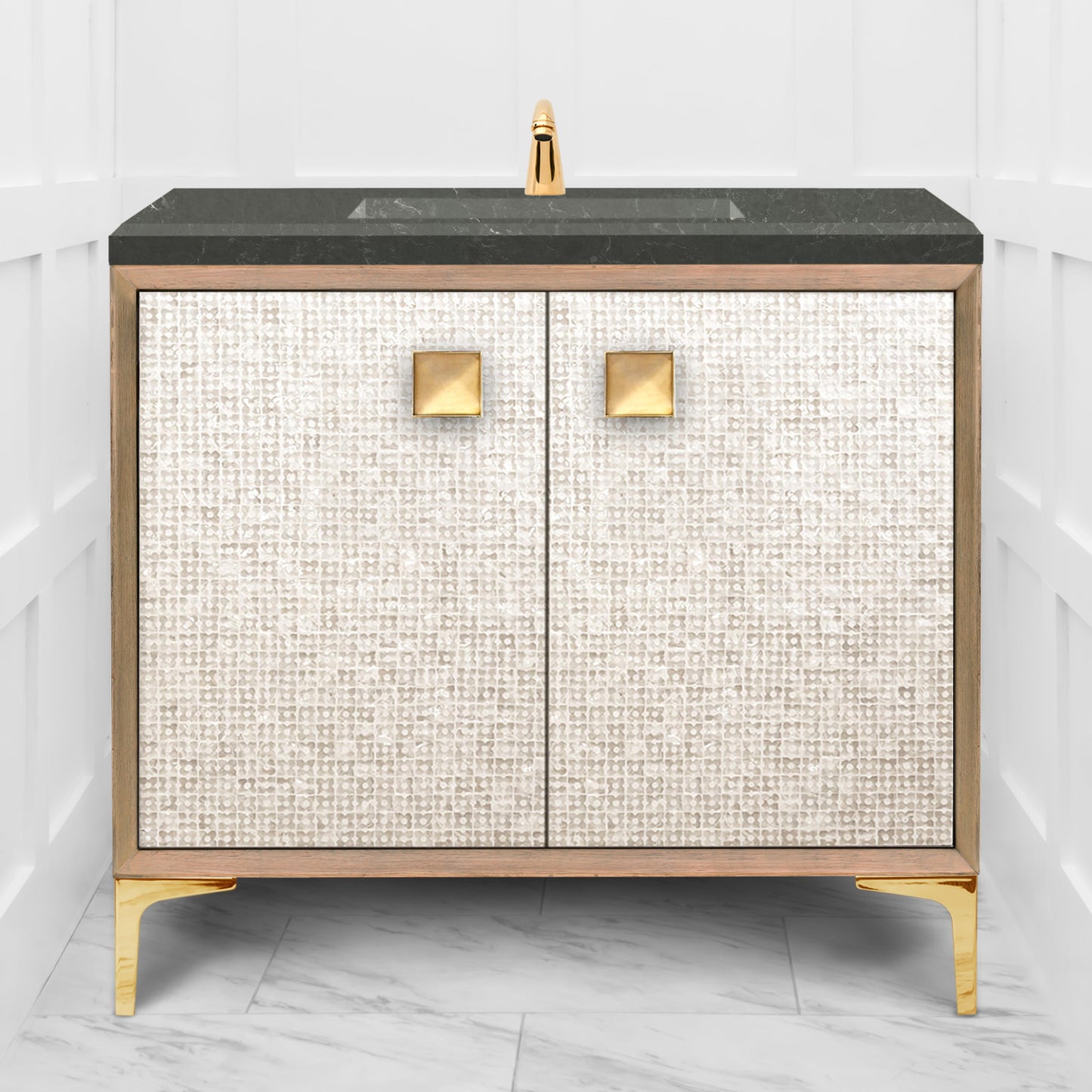 Linkasink VAN36A1-015 Mother Of Pearl With 3" Artisan Glass Prism Hardware 36" Wide Vanity, 36" X 22" X 33.5" (Without Vanity Top) - Parent