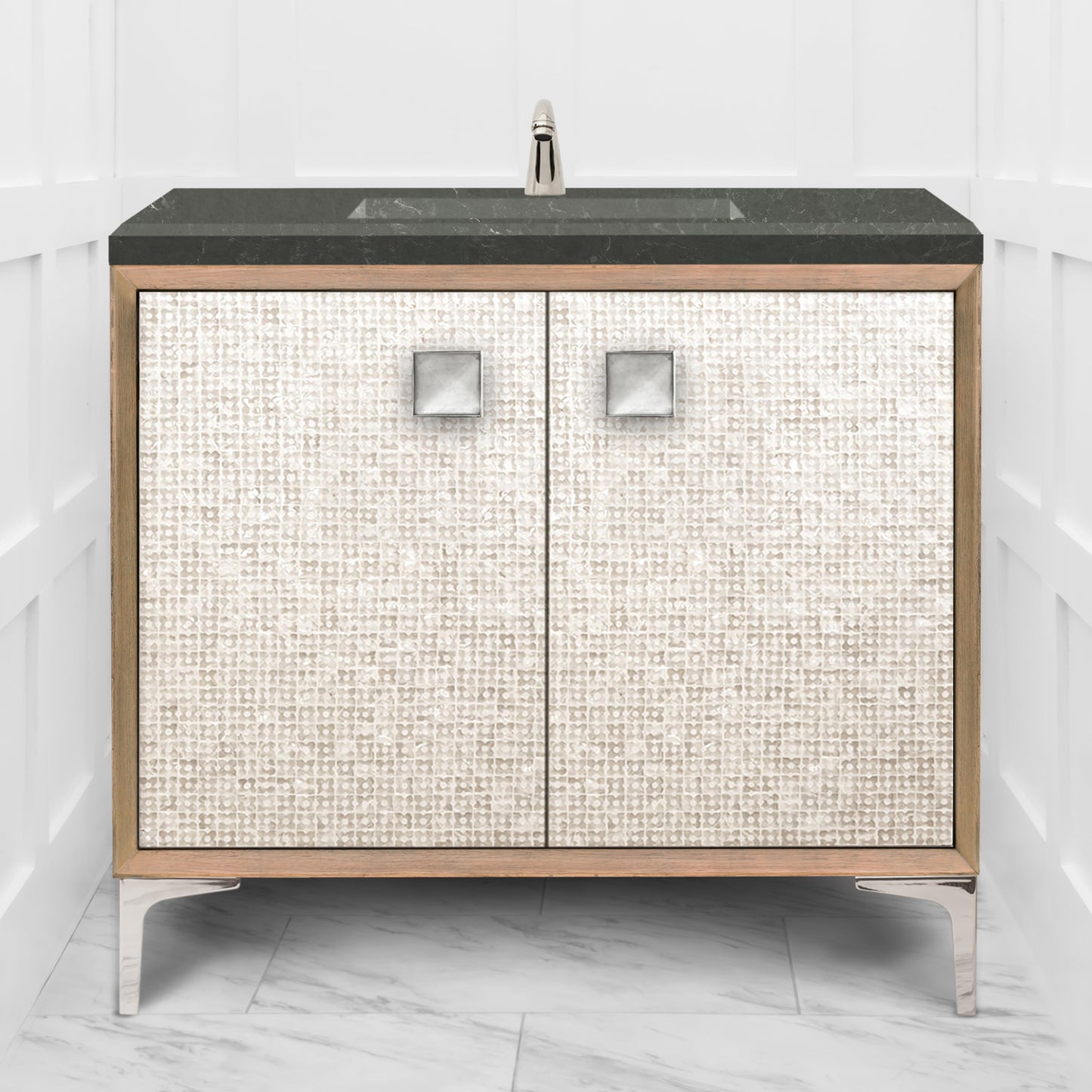 Linkasink VAN36A1-015 Mother Of Pearl With 3" Artisan Glass Prism Hardware 36" Wide Vanity, 36" X 22" X 33.5" (Without Vanity Top)