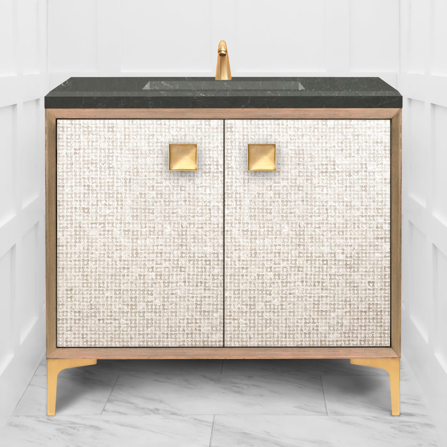 Linkasink VAN36A1-015 Mother Of Pearl With 3" Artisan Glass Prism Hardware 36" Wide Vanity, 36" X 22" X 33.5" (Without Vanity Top)