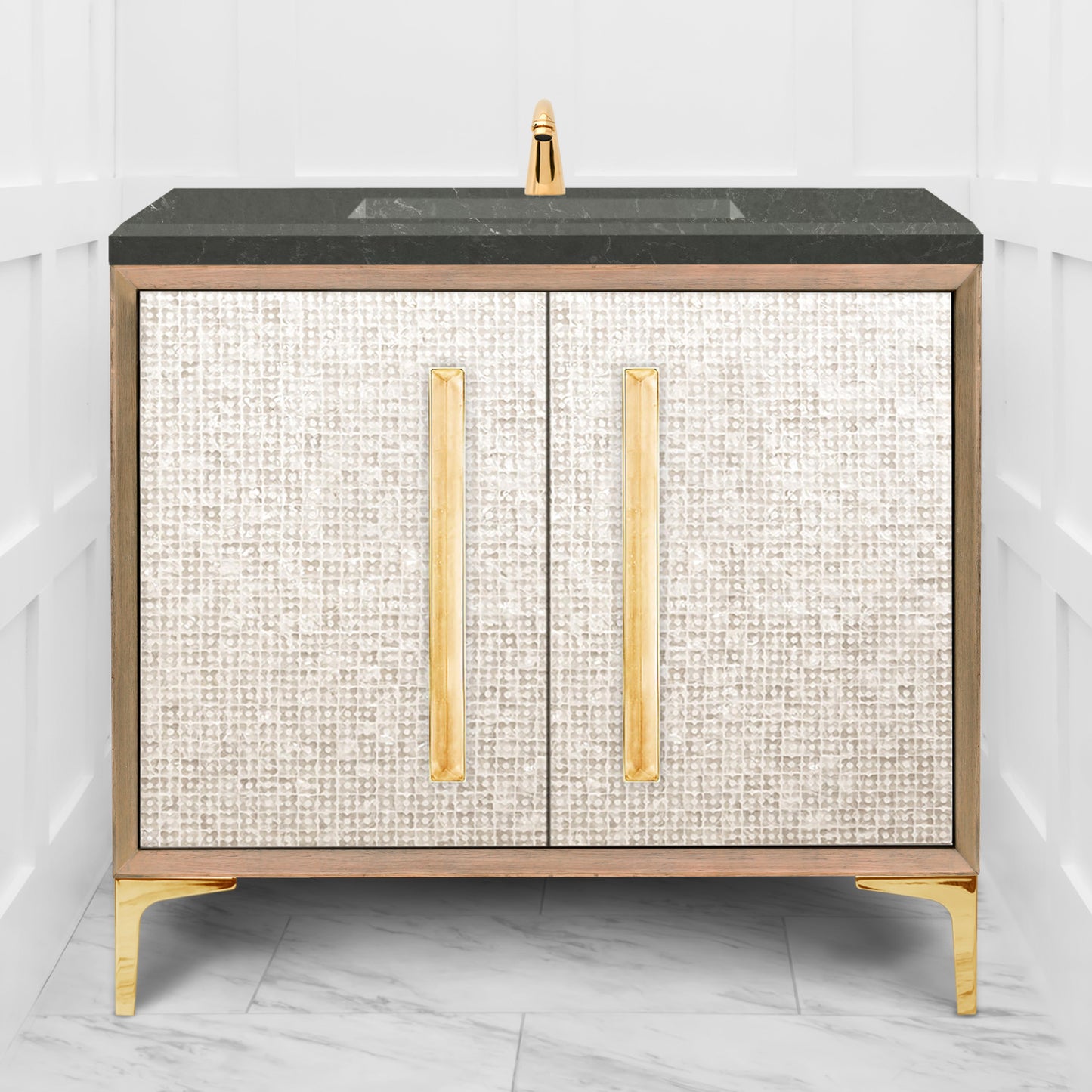 Linkasink VAN36A1-017 Mother Of Pearl With 18" Artisan Glass Prism Hardware 36" Wide Vanity, 36" X 22" X 33.5" (Without Vanity Top) - Parent