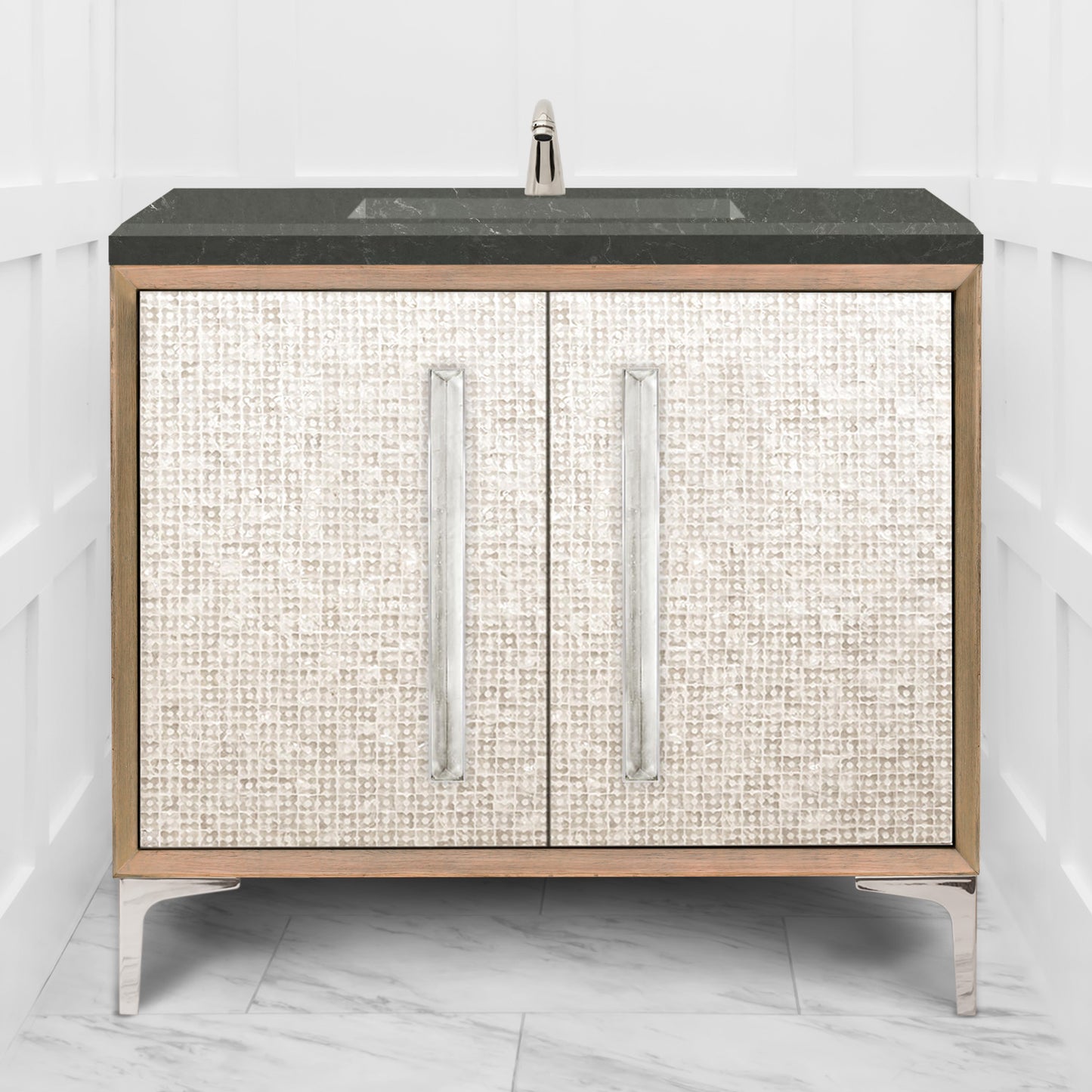 Linkasink VAN36A1-017 Mother Of Pearl With 18" Artisan Glass Prism Hardware 36" Wide Vanity, 36" X 22" X 33.5" (Without Vanity Top)