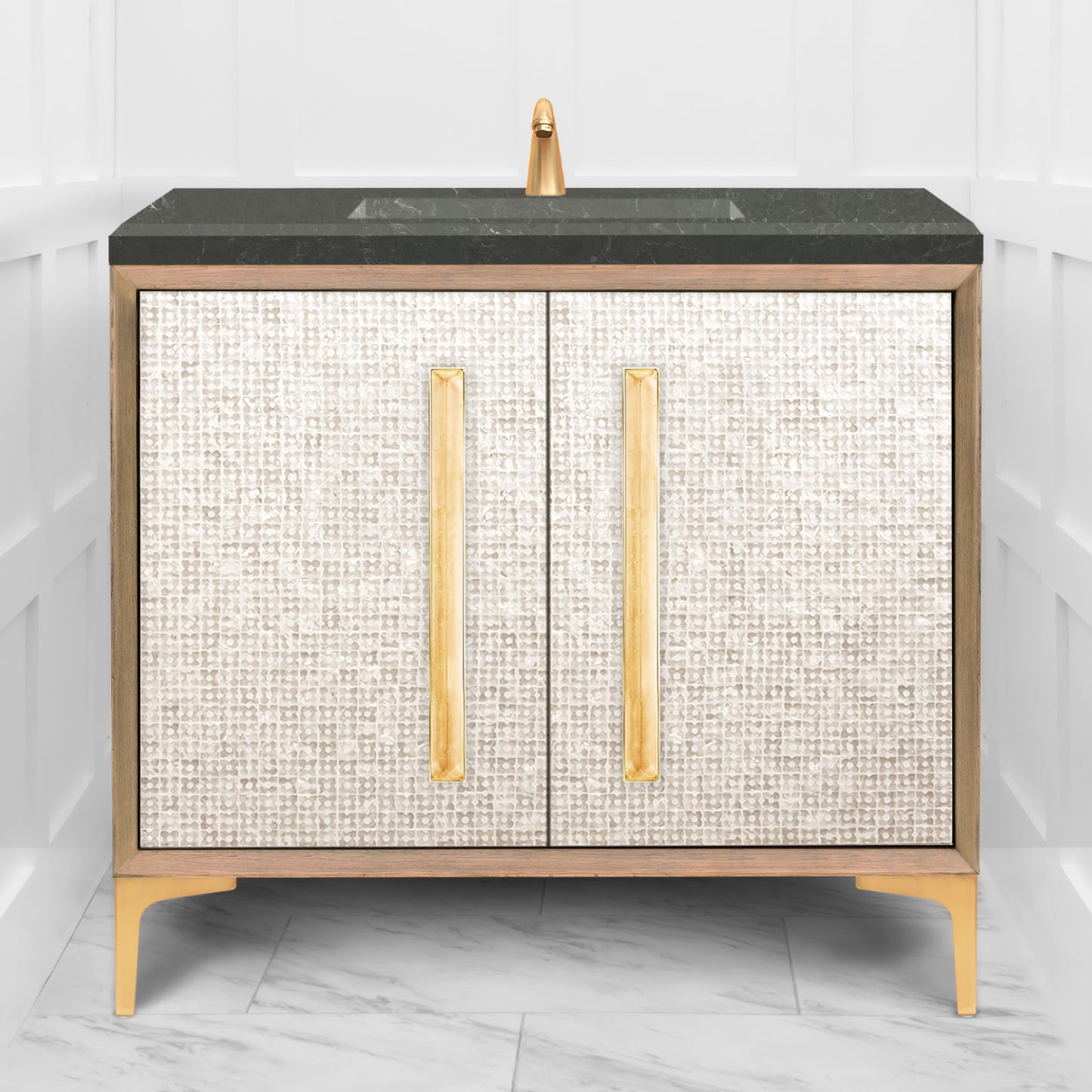 Linkasink VAN36A1-017 Mother Of Pearl With 18" Artisan Glass Prism Hardware 36" Wide Vanity, 36" X 22" X 33.5" (Without Vanity Top)