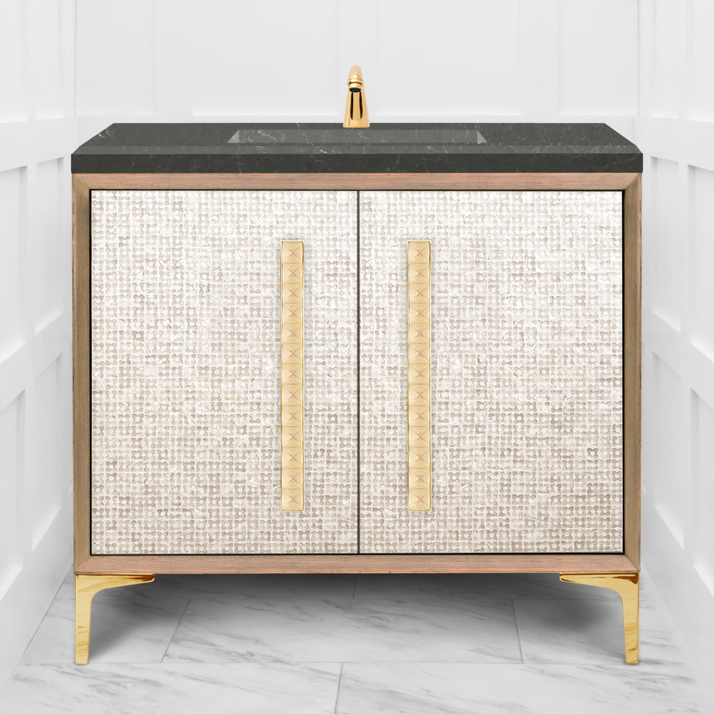 Linkasink VAN36A1-018 Mother Of Pearl With 18" Artisan Glass Pyramid Hardware 36" Wide Vanity, 36" X 22" X 33.5" (Without Vanity Top) - Parent