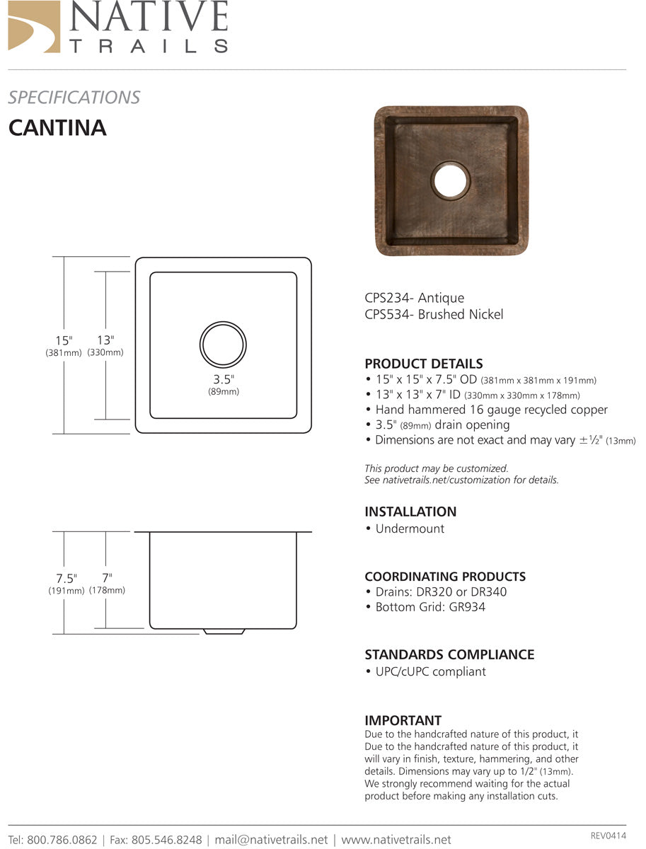 Native Trails CPS Cantina Copper Bar Sink - Parent