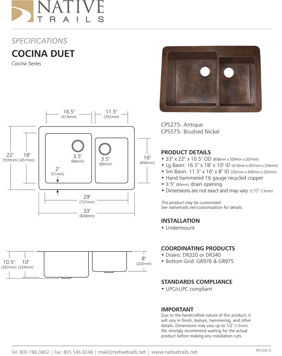 Native Trails Cocina Duet Undermount Copper Kitchen Sink - Parent