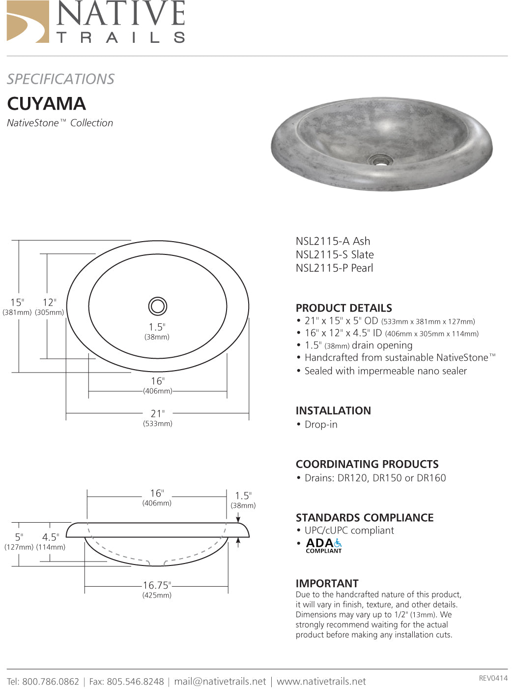 Native Trails NSL Cuyama Native Stone Bath Sink Ash - Parent