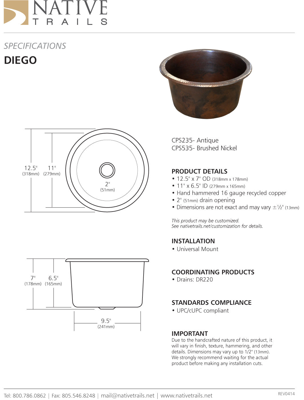Native Trails CPS Diego Copper Bar Sink - Parent