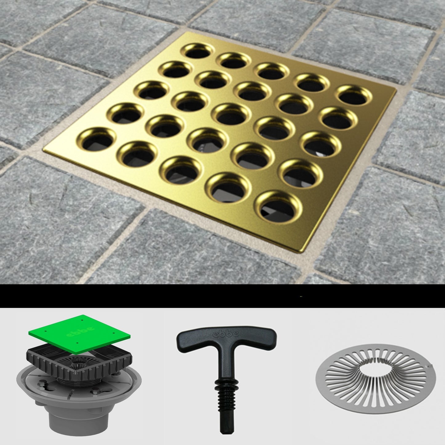 Ebbe E4401 Square Drain Grate, E4022 ABS Clamp Collar w/ Drain Riser, Hair Trap & T-Puller