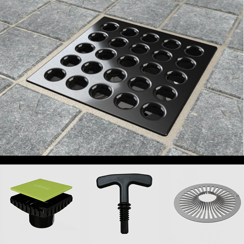 Ebbe E4401-E4400. Square Plate Drain Grate and Drain Riser w/ Hair Trap & T-Puller