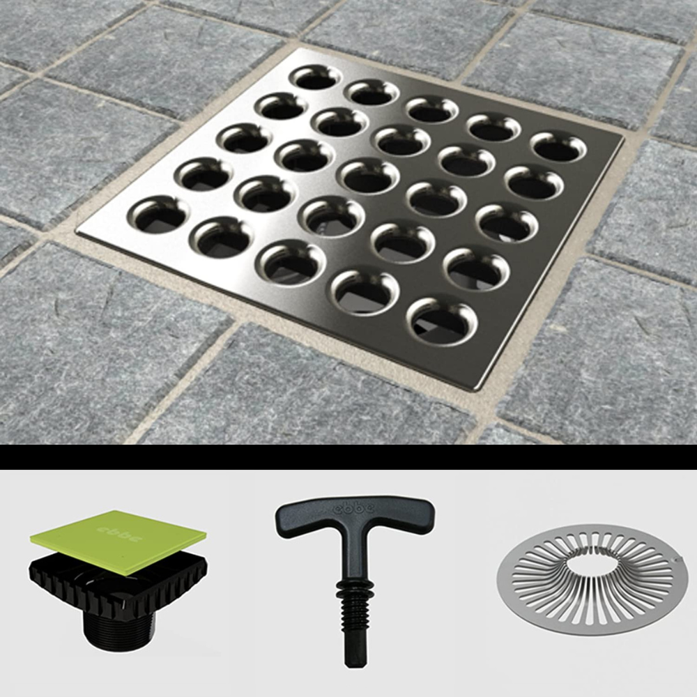 Ebbe E4401-E4400. Square Plate Drain Grate and Drain Riser w/ Hair Trap & T-Puller