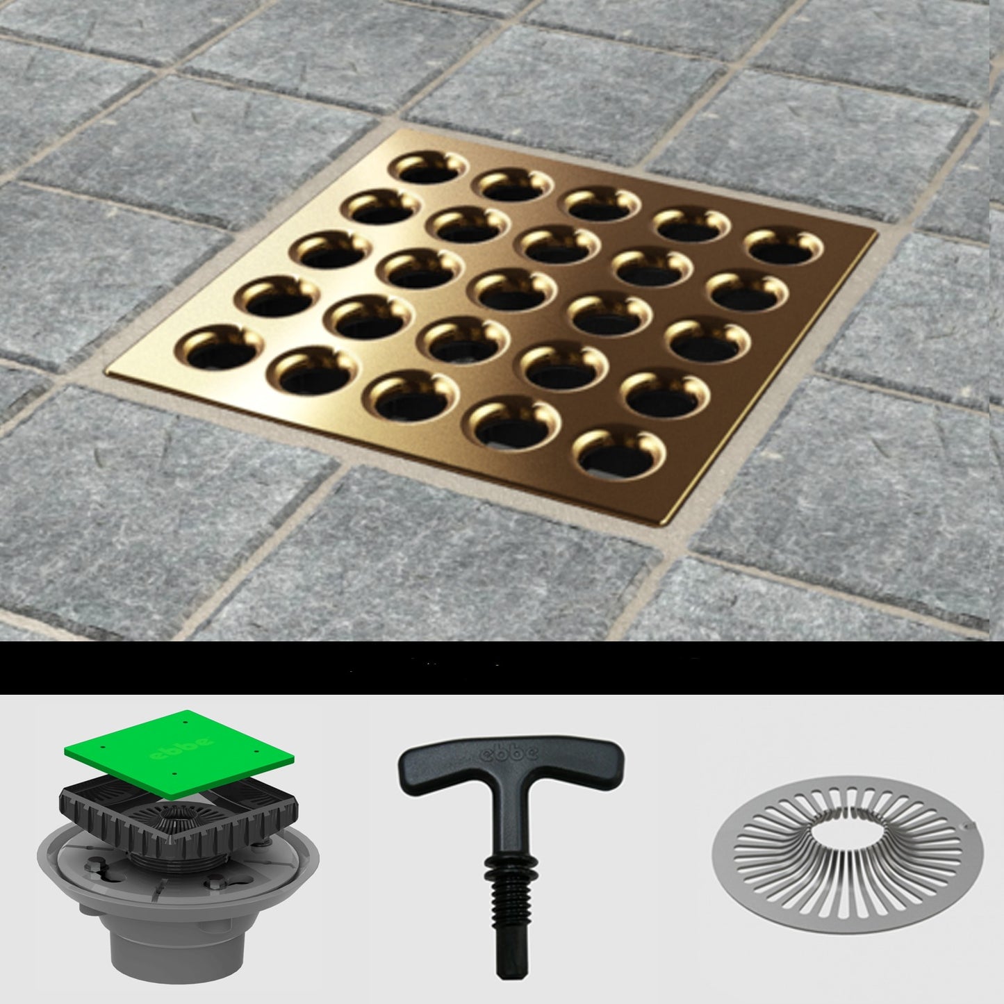 Ebbe E4401 Square Drain Grate, E4024 PVC Clamp Collar w/ Drain Riser, Hair Trap & T-Puller