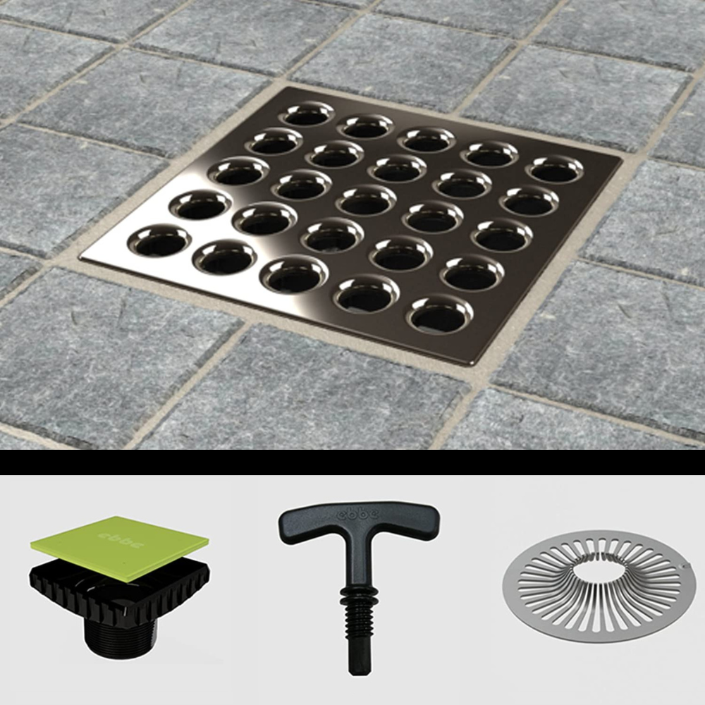 Ebbe E4401-E4400. Square Plate Drain Grate and Drain Riser w/ Hair Trap & T-Puller