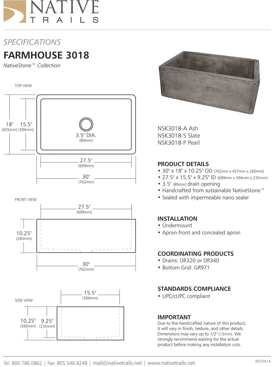 Native Trails NSK3018 Farmhouse 3018 Native Stone Kitchen Sink - Parent