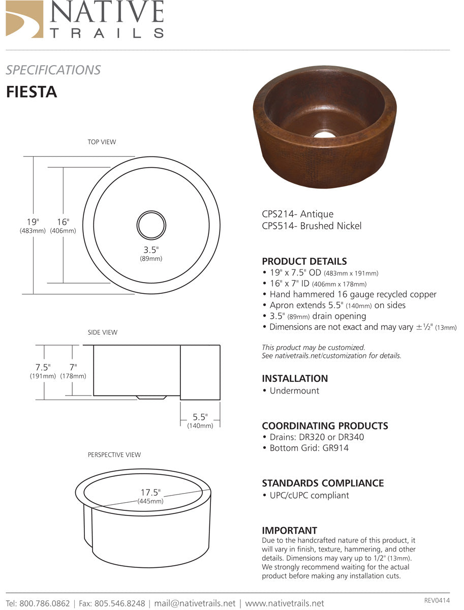 Native Trails CPS Fiesta Copper Bar Sink - Parent