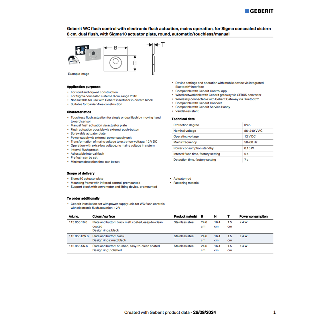 Geberit 115.856.SN.6 Wc Flush Control With Electronic Flush Actuation