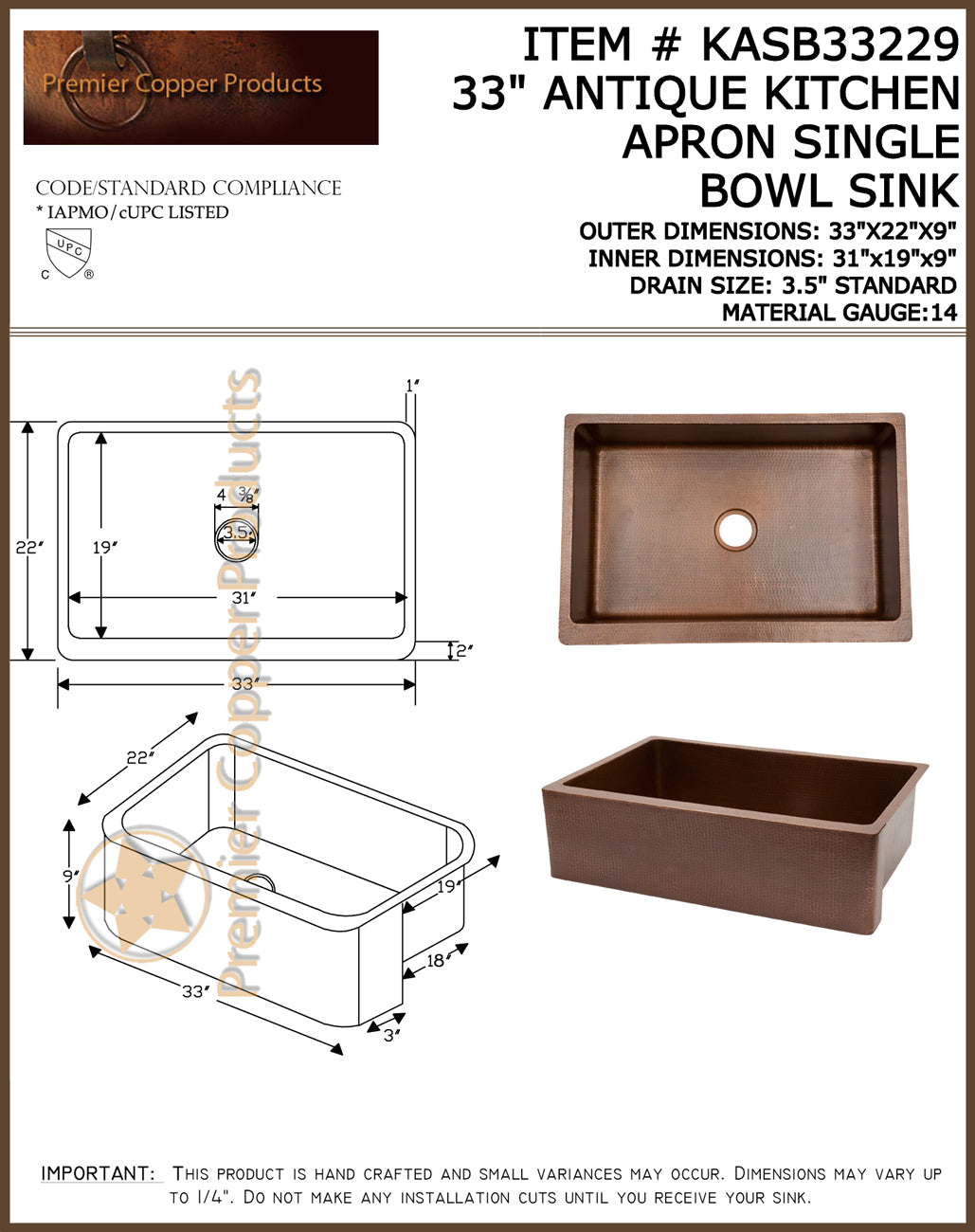 Premier 33" Antique Copper Undermount Apron Kitchen Sink KASB33229