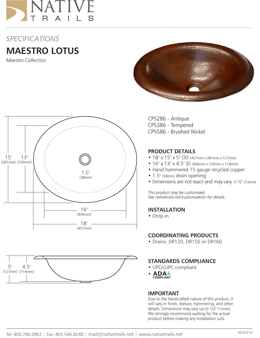 Native Trails CPS Maestro Lotus Copper Bath Sink - Parent