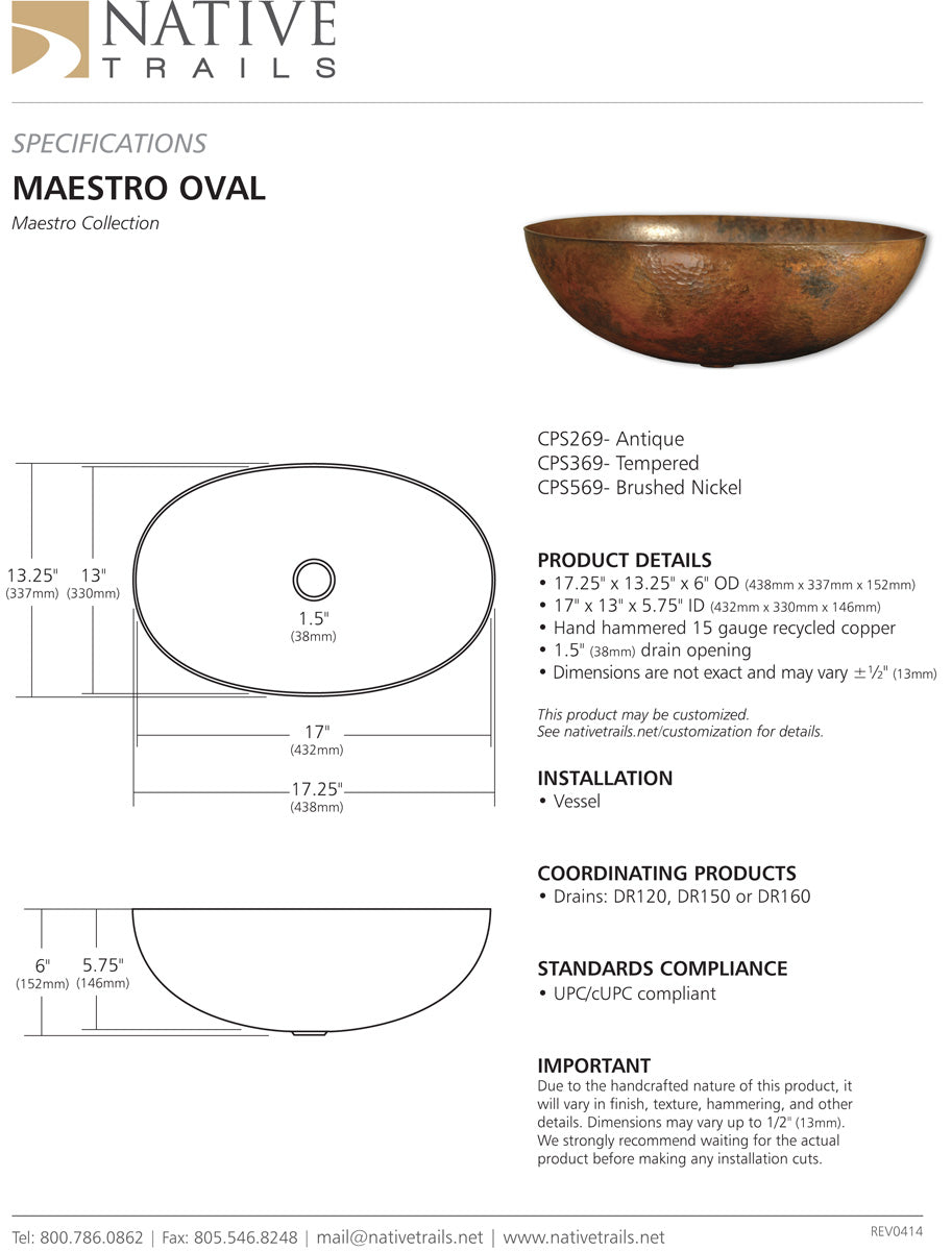 Native Trails CPS Maestro Oval Copper Bath Sink - Parent