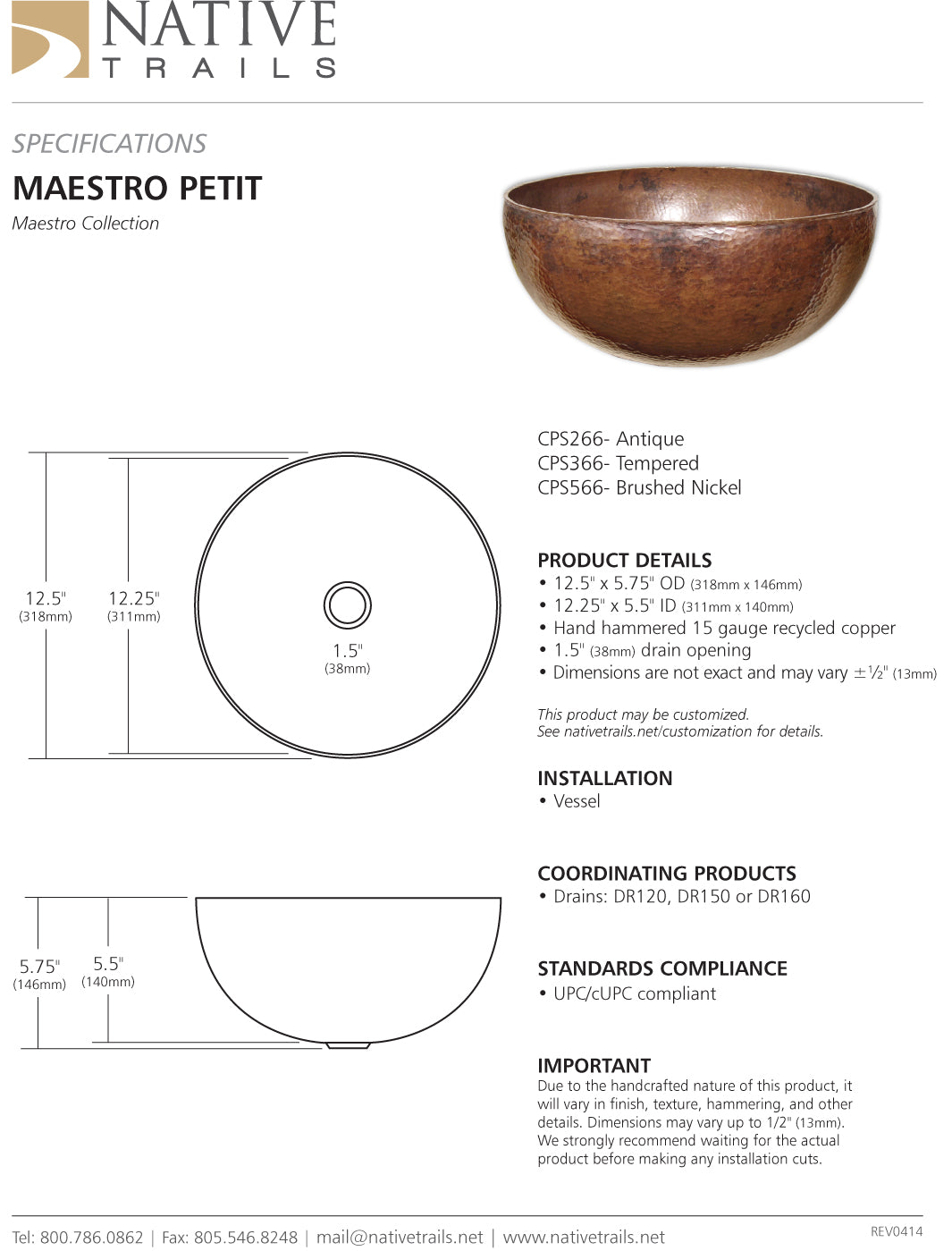 Native Trails CPS Maestro Petit Copper Bath Sink - Parent