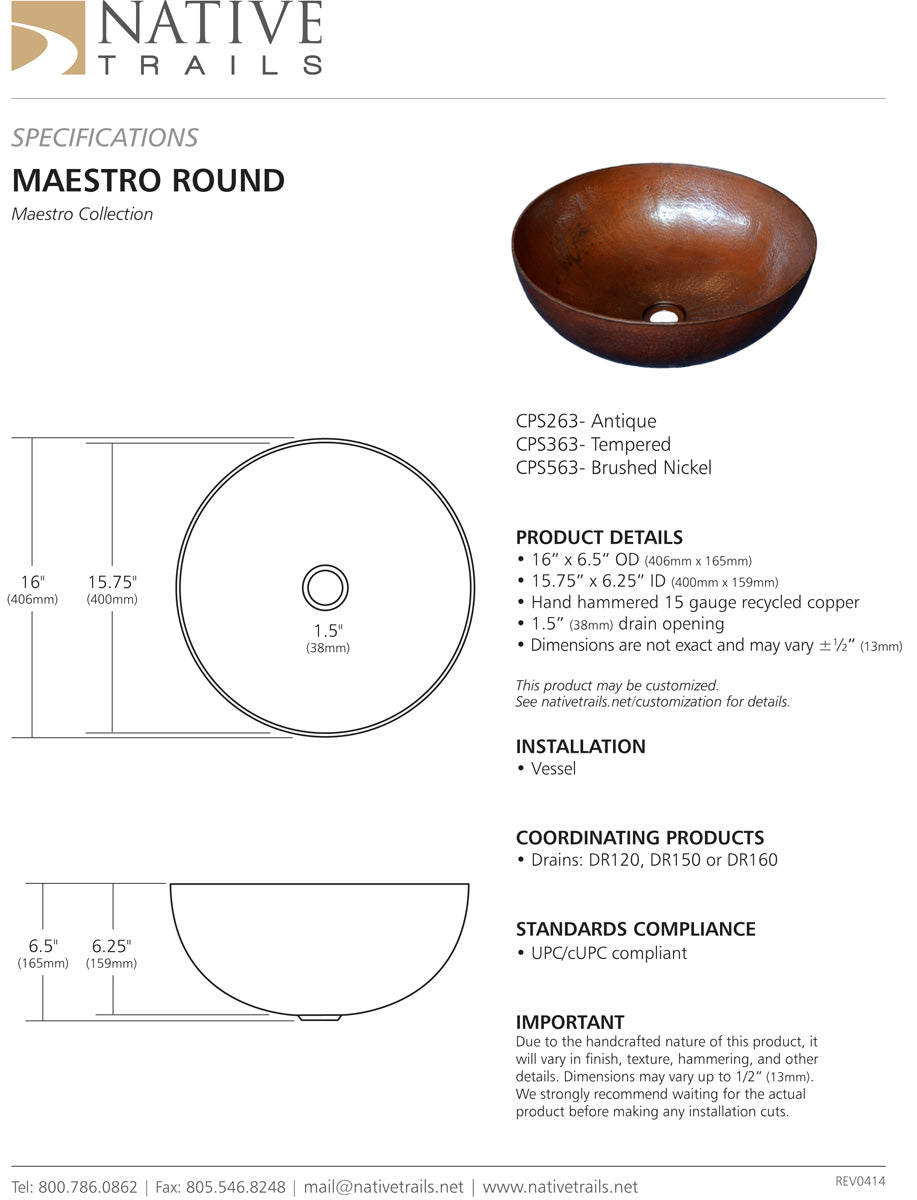 Native Trails CPS Maestro Round Copper Bath Sink - Parent