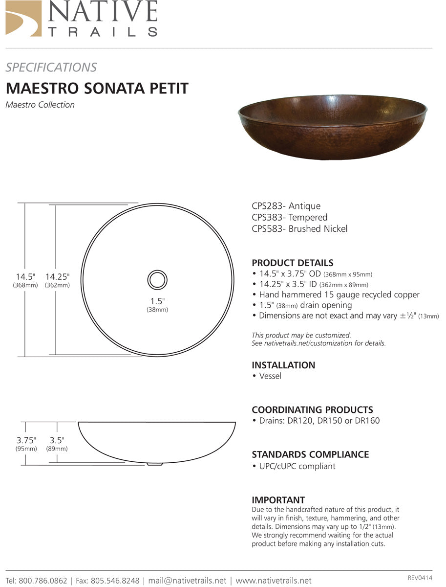 Native Trails CPS Maestro Sonata Petit Copper Bath Sink - Parent
