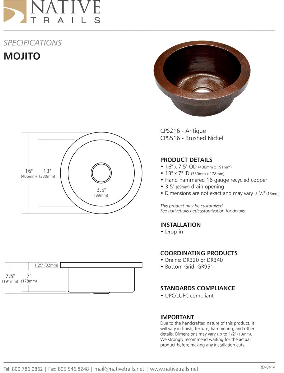 Native Trails CPS Mojito Copper Bar Sink - Parent